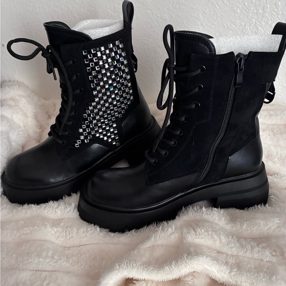 Black Combat Boots with Silver Studded Star Accent - Picture 2 of 5
